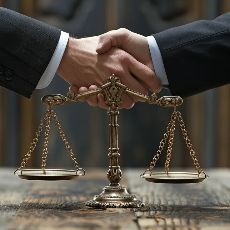 A handshake over the scales of justice
