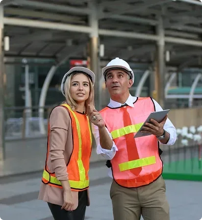 Two workers in hi-vis vests and hard hats reviewing a tablet on site